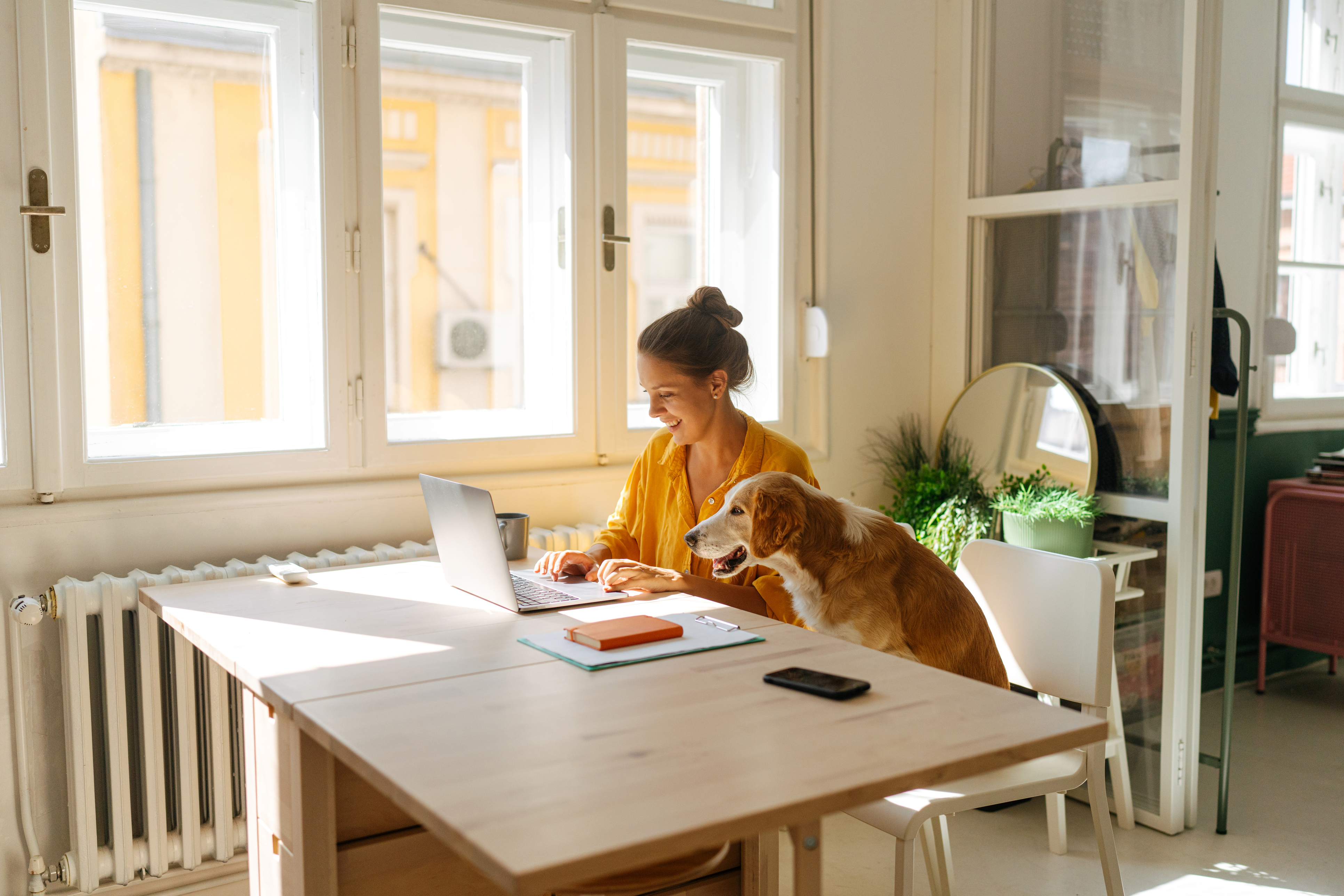Woman chatting on a laptop with a dog by her side